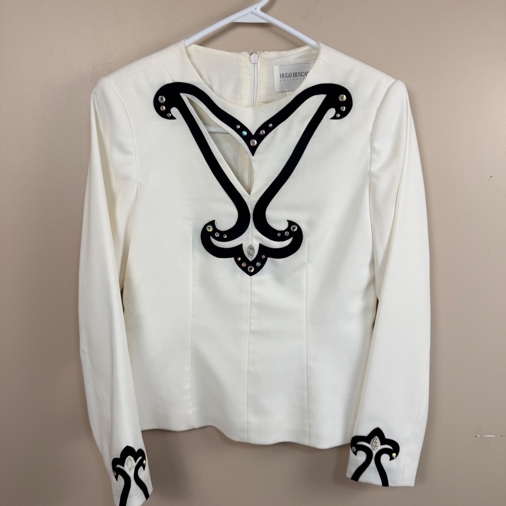 Hugo Buscati Top Womens 10 White Black Velvet Applique Rhinestone Formal Blouse